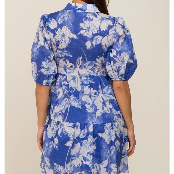 Royal Blue Floral Collared Puff Sleeve Maternity Dress - Picture 3 of 6